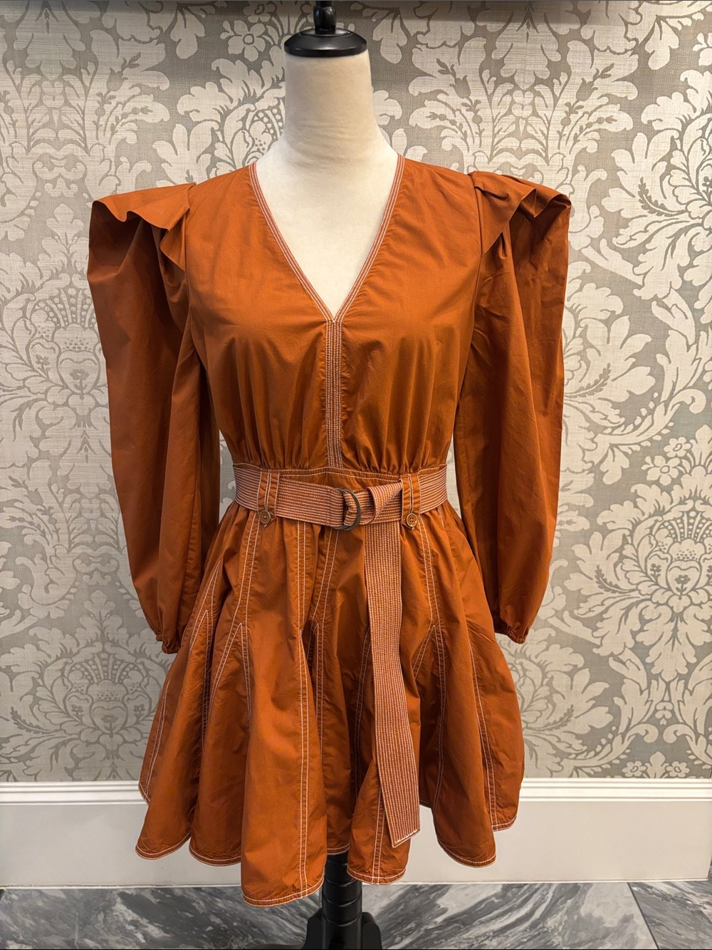 Ulla Johnson Rust Orange Puff-Sleeve Belted Mini Dress